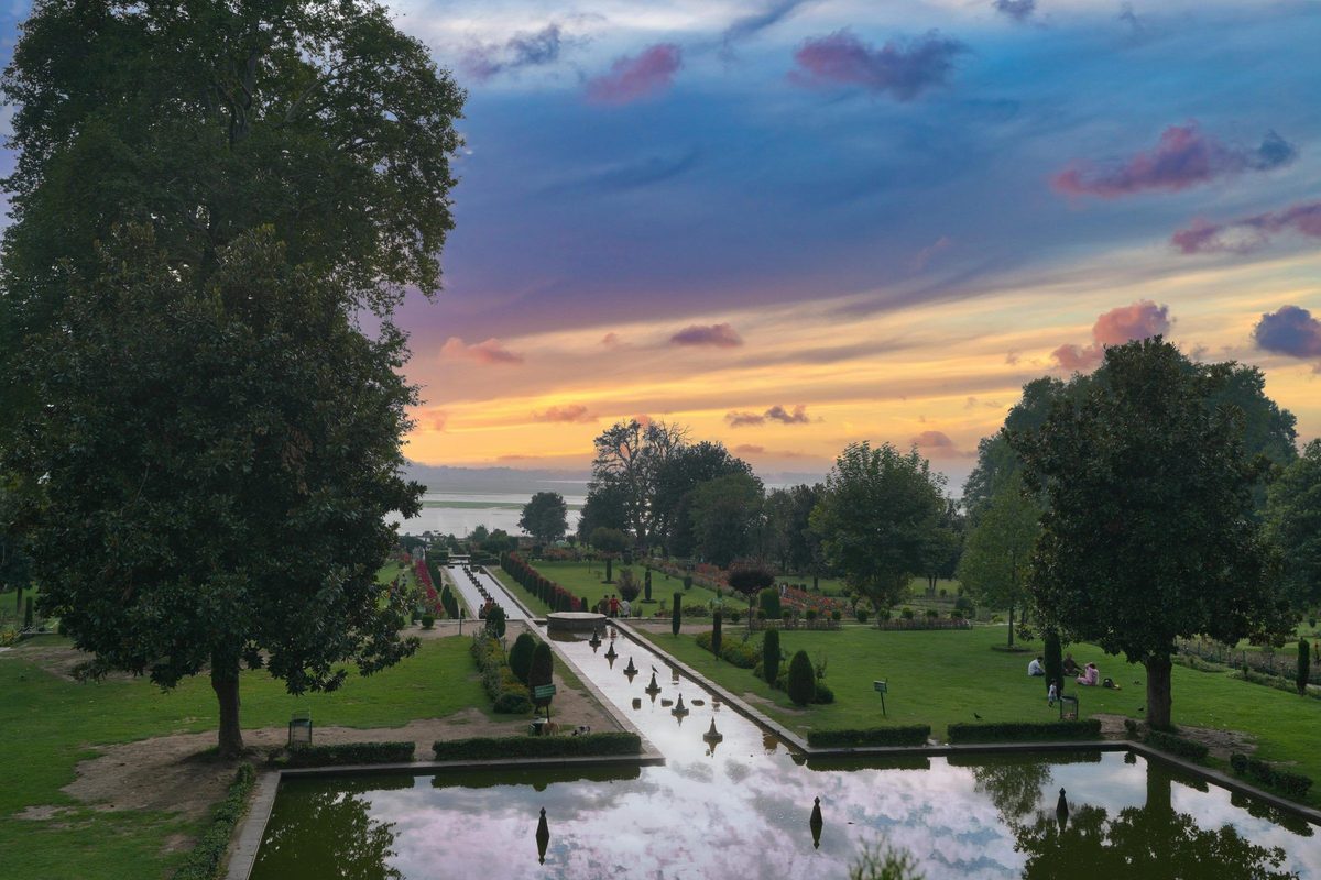 Mughal garden at sunset overlooking Dal Lake