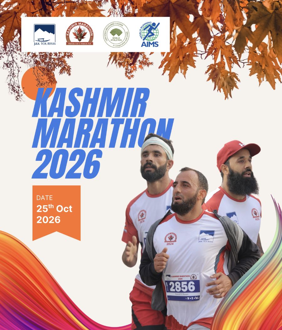 Kashmir Marathon 2026 official poster with runners in J&K Tourism jerseys, 25 October 2026